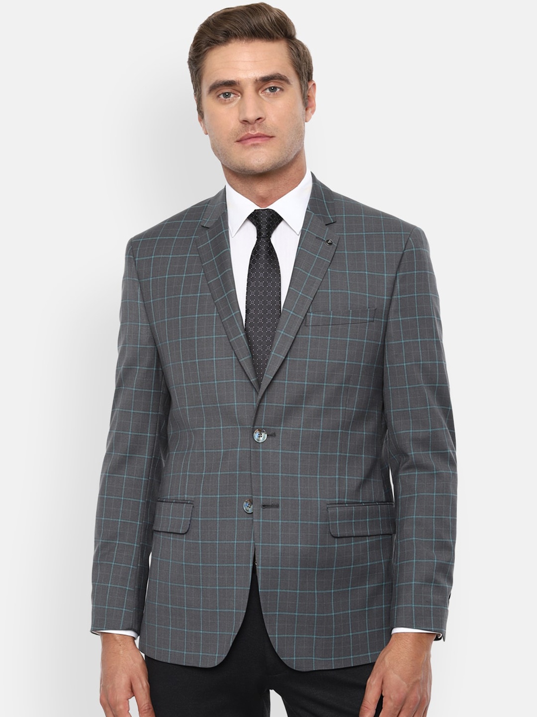 

Van Heusen Men Grey Checked Slim-Fit Single-Breasted Formal Blazer