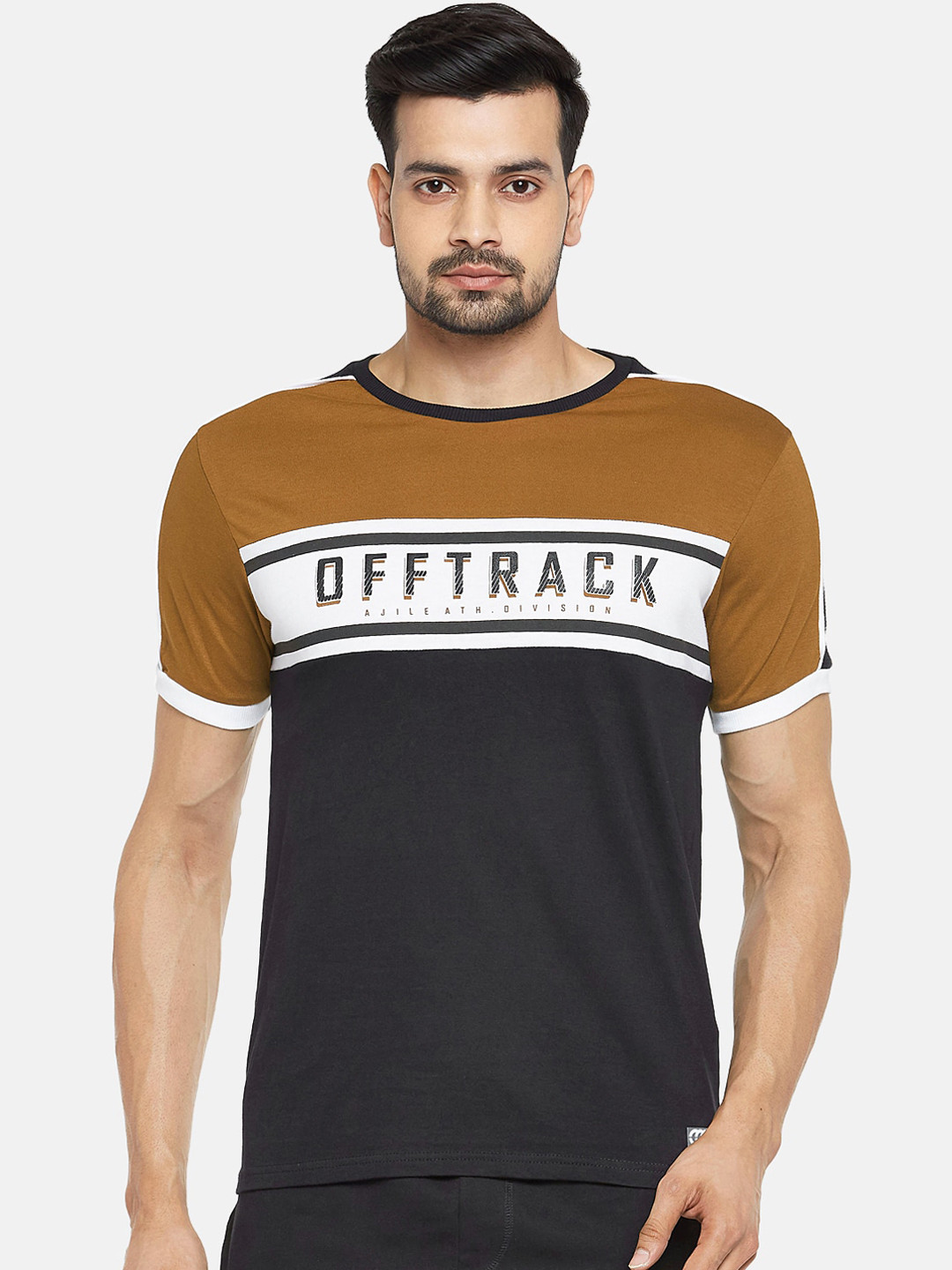 

Ajile by Pantaloons Men Olive Brown Black Print Slim Fit Round Neck Pure Cotton T-shirt