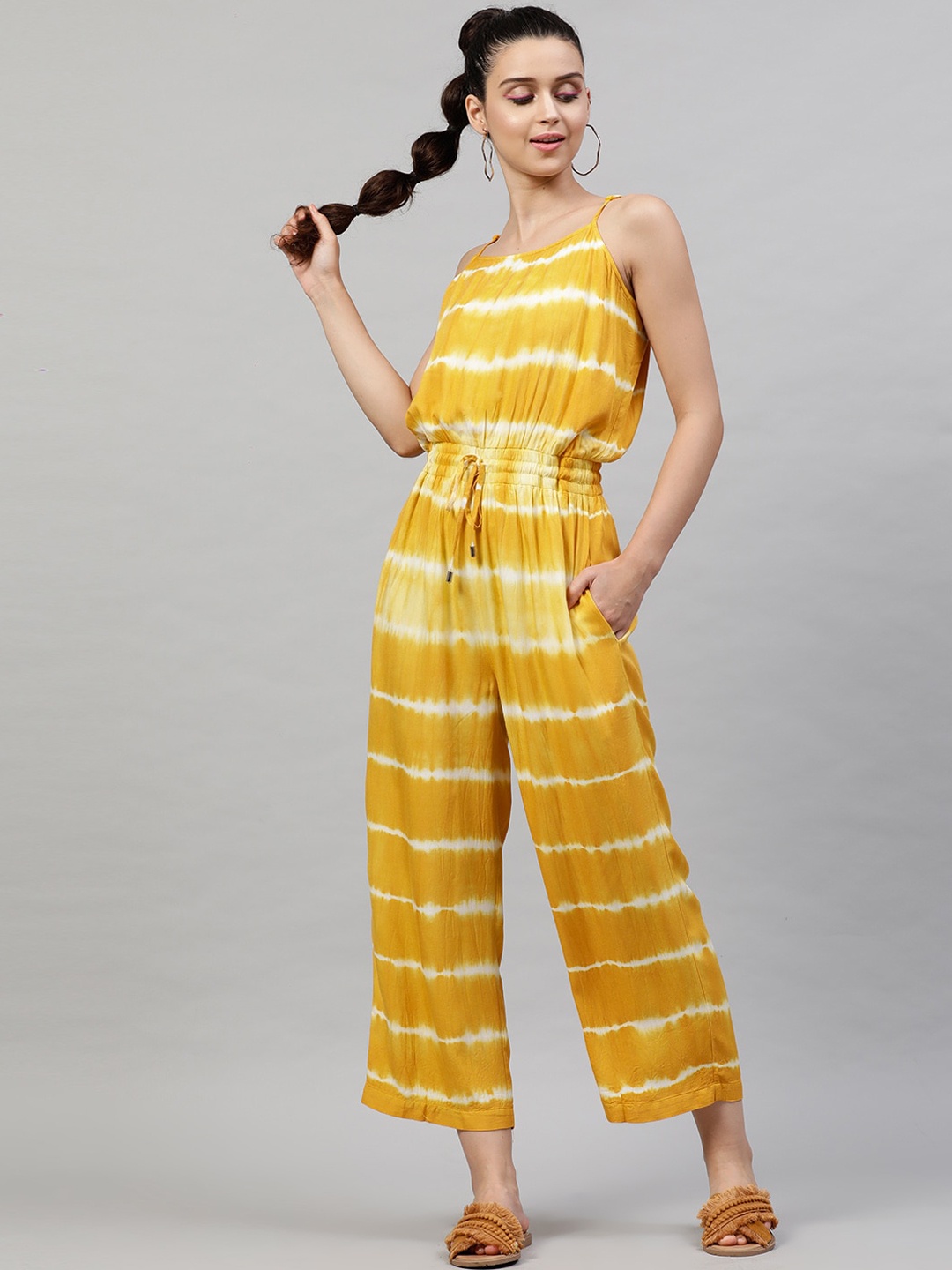 

STREET 9 Women Yellow & White Tie & Dye Basic Jumpsuit