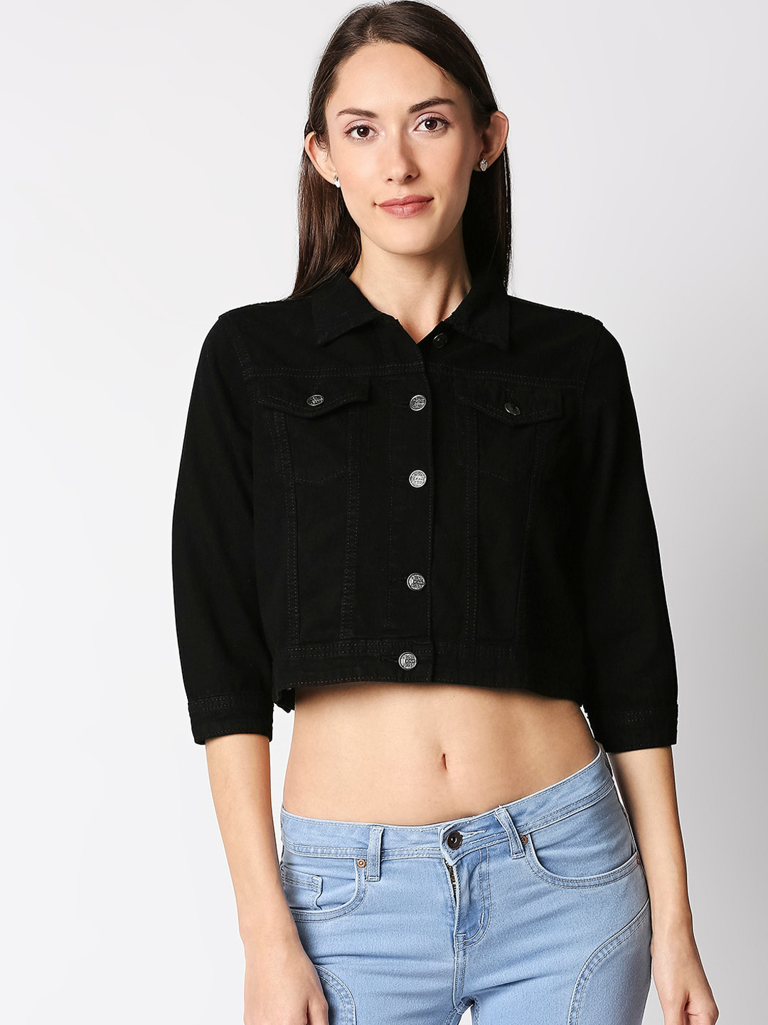 

High Star Women Black Solid Lightweight Crop Denim Jacket