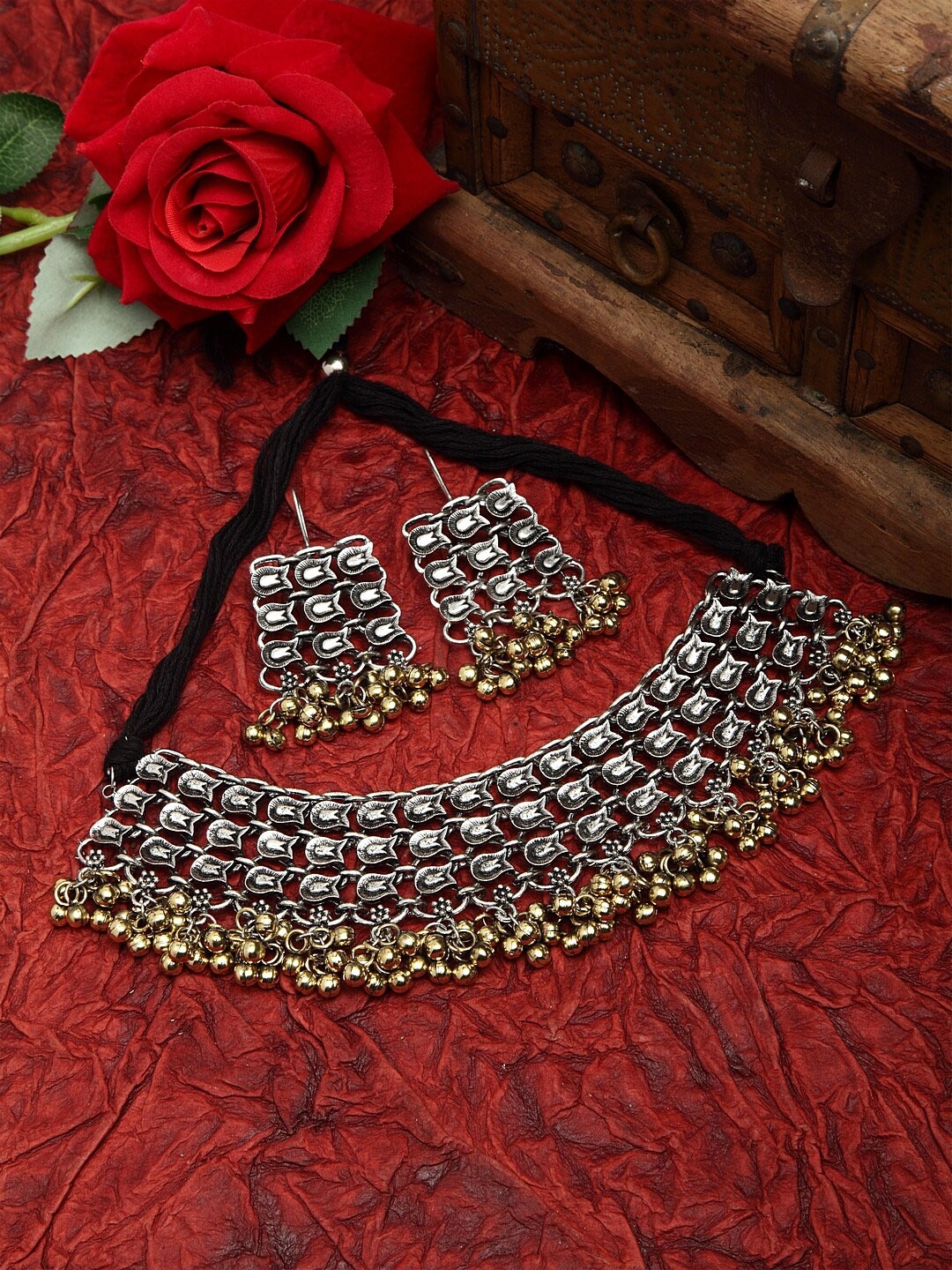 

Moedbuille Beads Studded Filigree Work Oxidised Dual Tone Handcrafted Jewelry Set, Gold