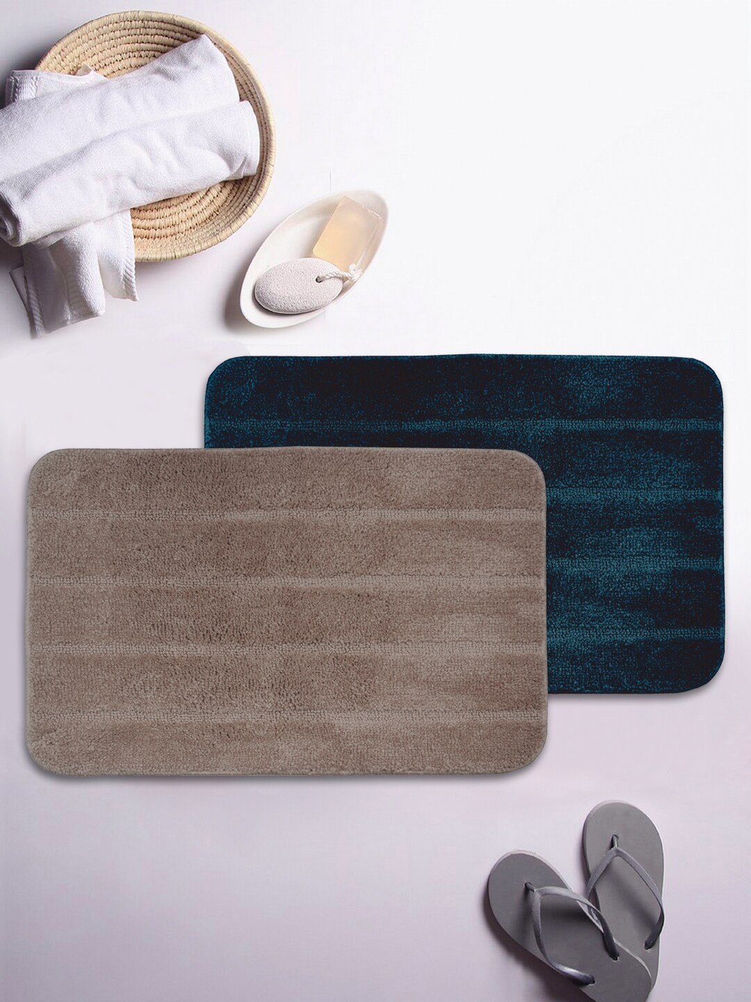 

BIANCA Set Of 2 Striped 1850 GSM Anti-Skid Bath Rugs, Brown