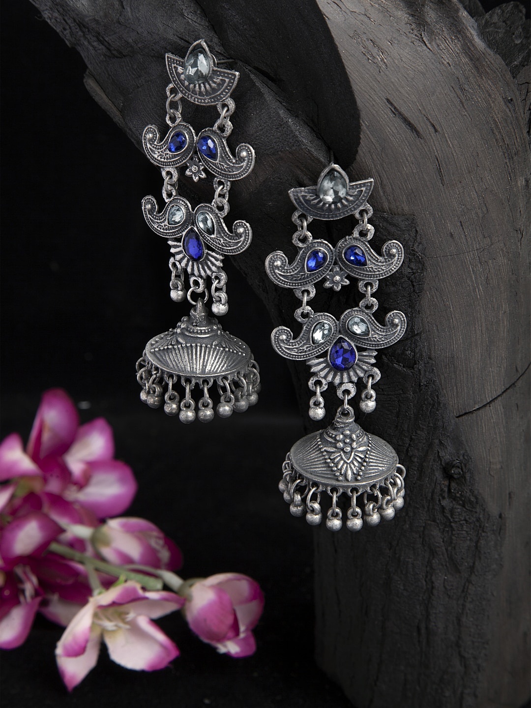 

Moedbuille Blue Stones Studded Temple Design Oxidised Silver Plated Handcrafted Tribal Jhumkas, Metallic