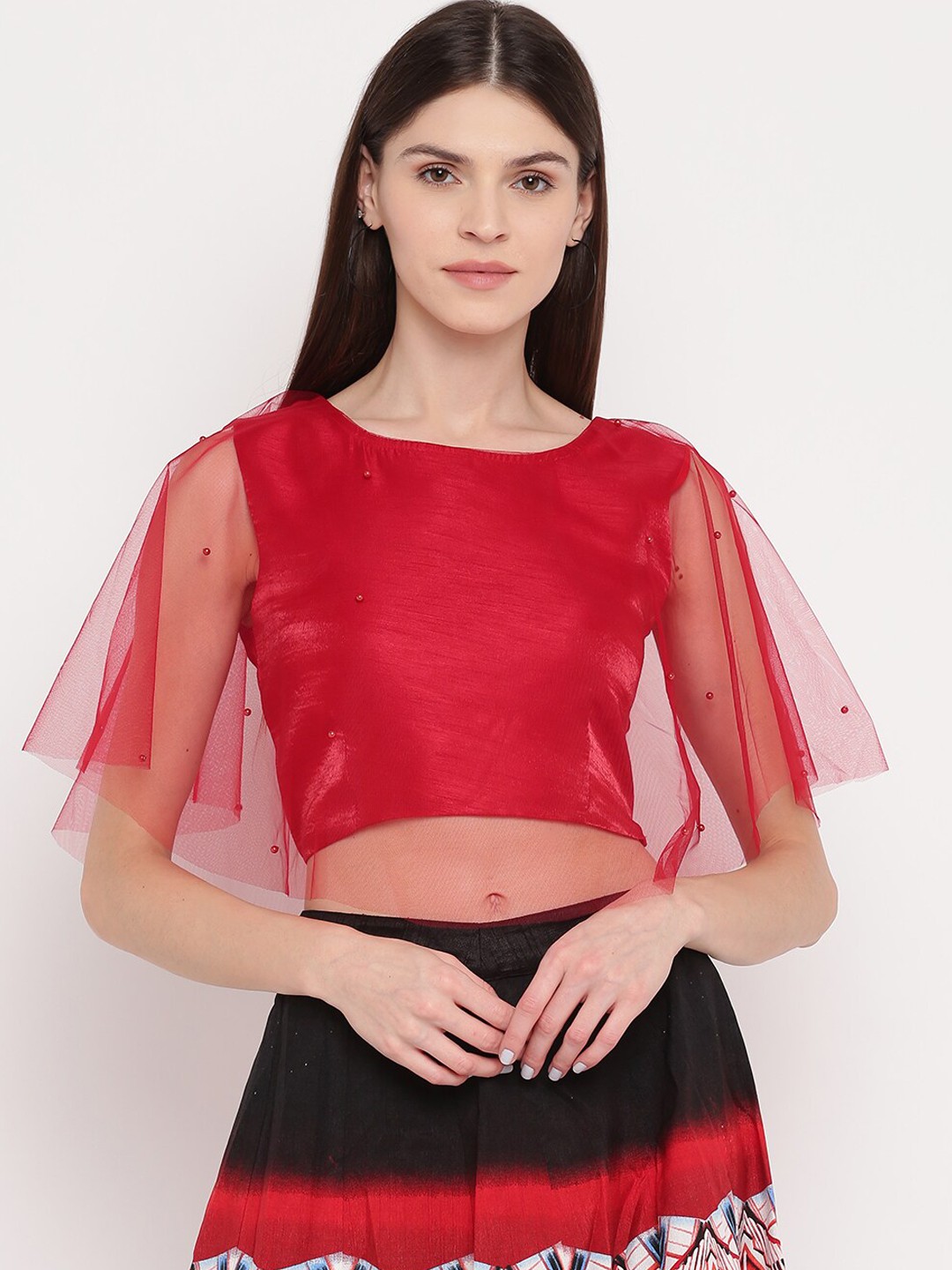

Akimia Red Embellished Flared Sleeves Net Fitted Crop Top