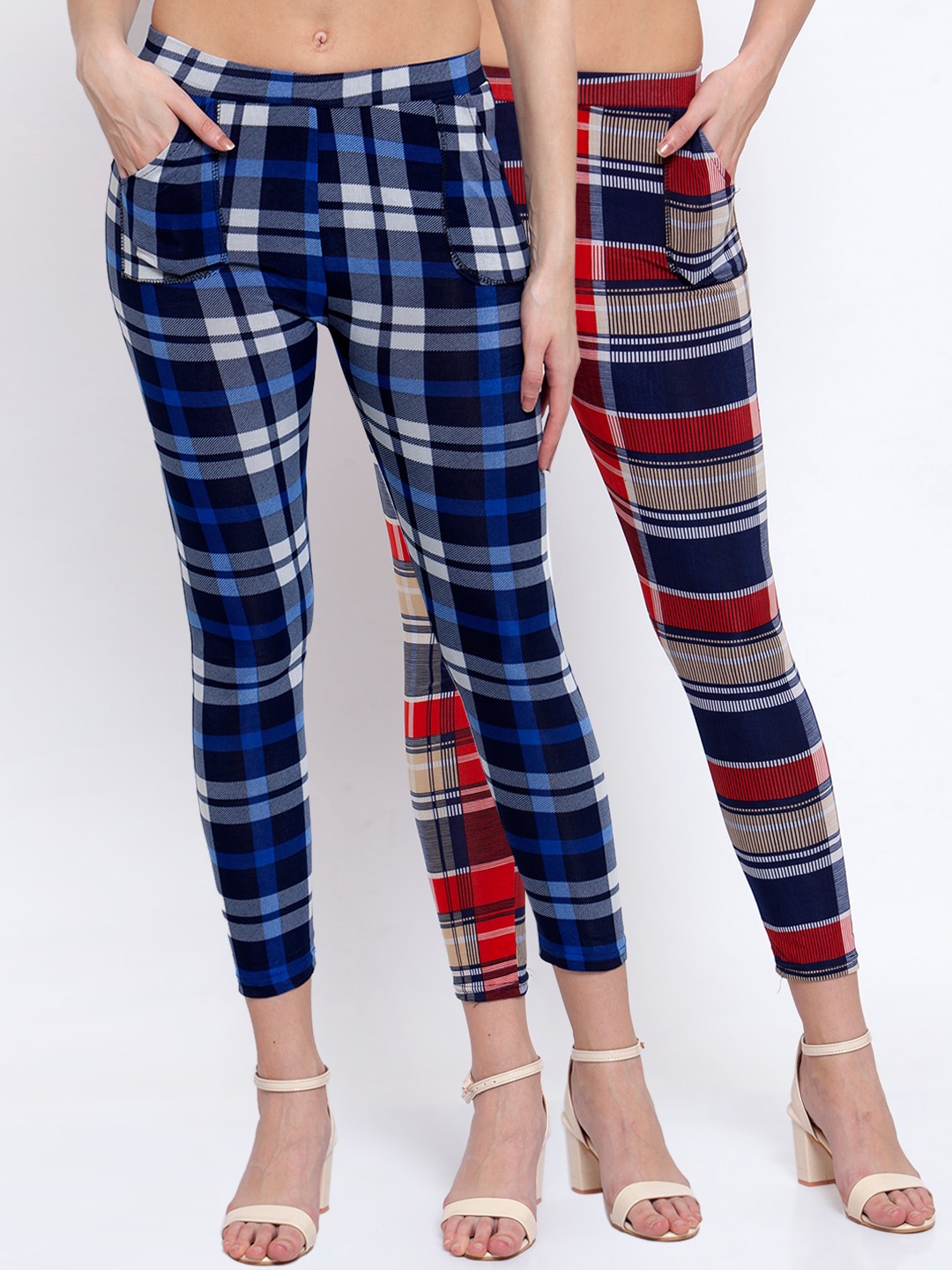 

KLOTTHE Women Pack Of 2 Checked Skinny-Fit Treggings, Red