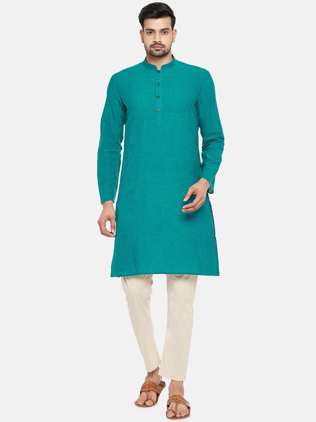 

Indus Route By Pantaloons Men Teal Green Mandarin Collar Pure Cotton Kurta