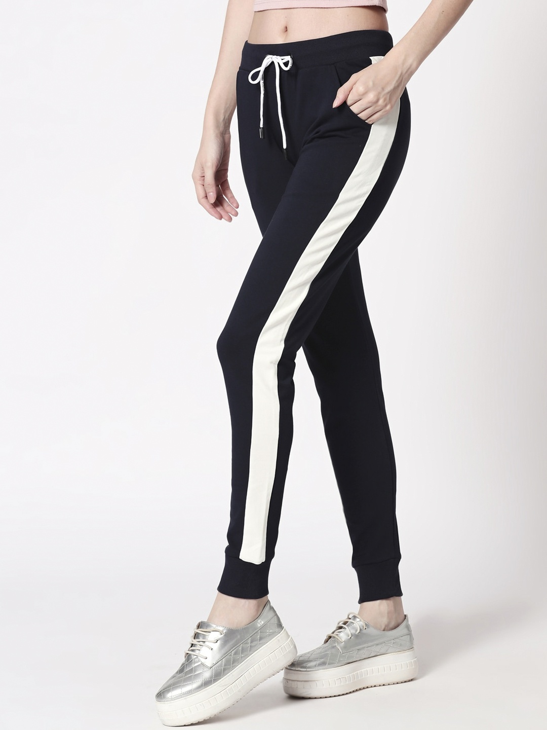 

Zeyo Women Navy Blue & White Solid Slim Fit Joggers