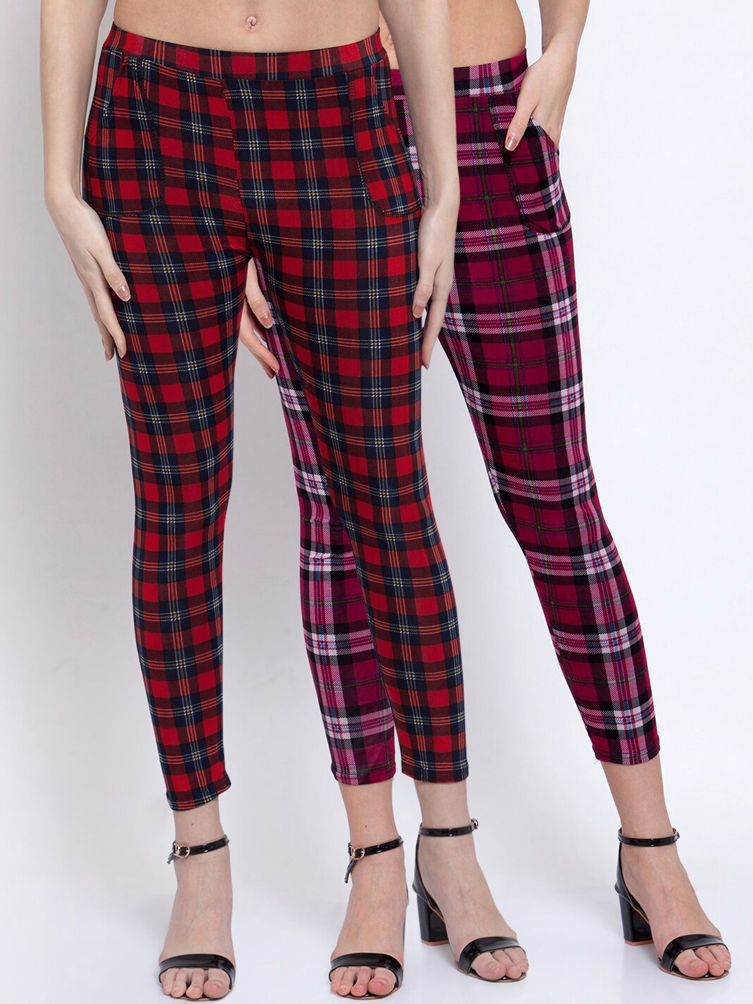 KLOTTHE Women Pack Of 2 Checked Skinny Fit Treggings, Red