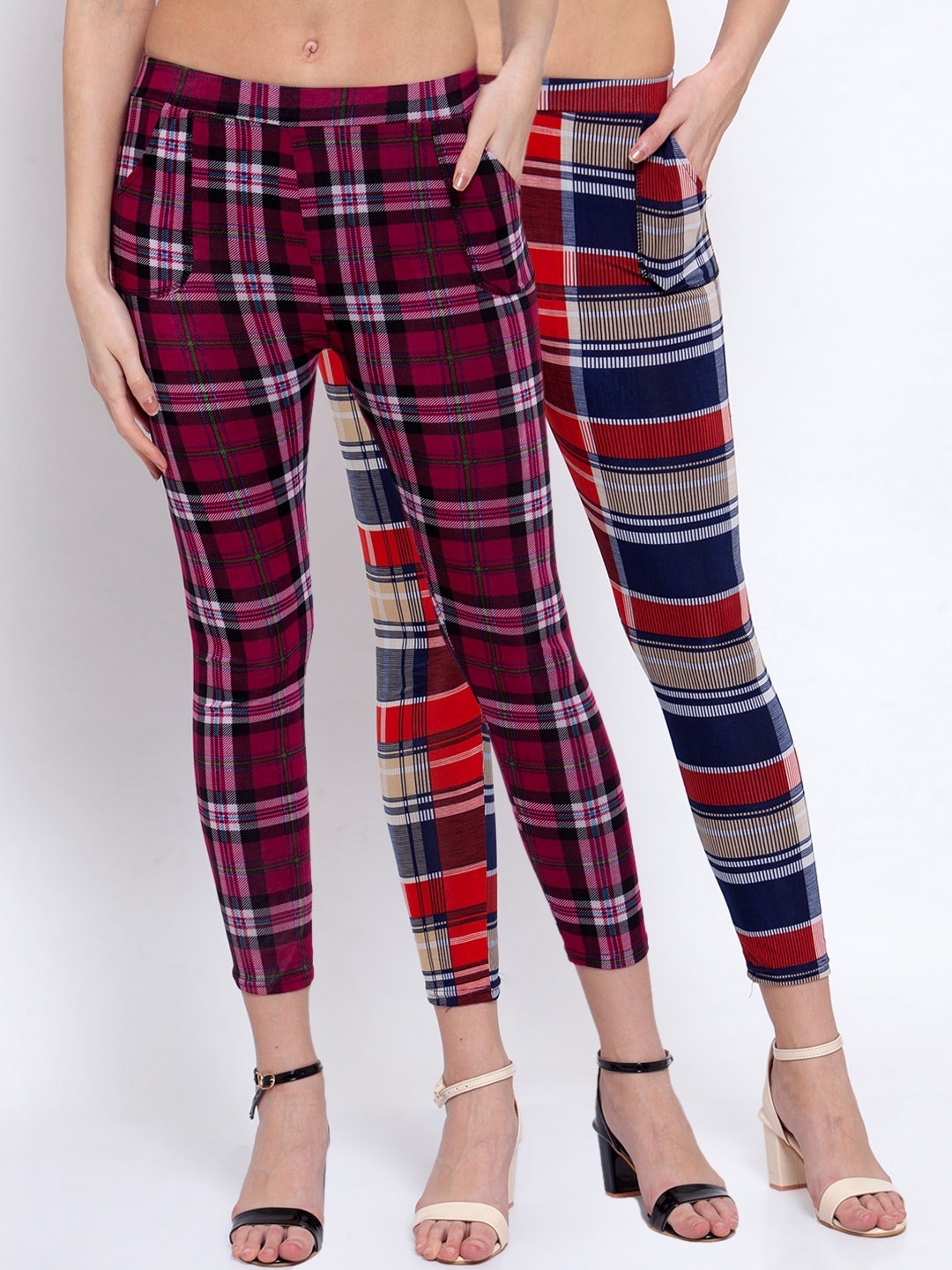 

KLOTTHE Women Pack Of 2 Checked Skinny-Fit Treggings, Maroon