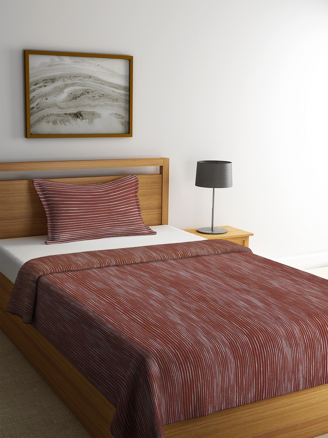 

KLOTTHE Brown & White Striped Single Bed Cover With 1 Pillow Cover