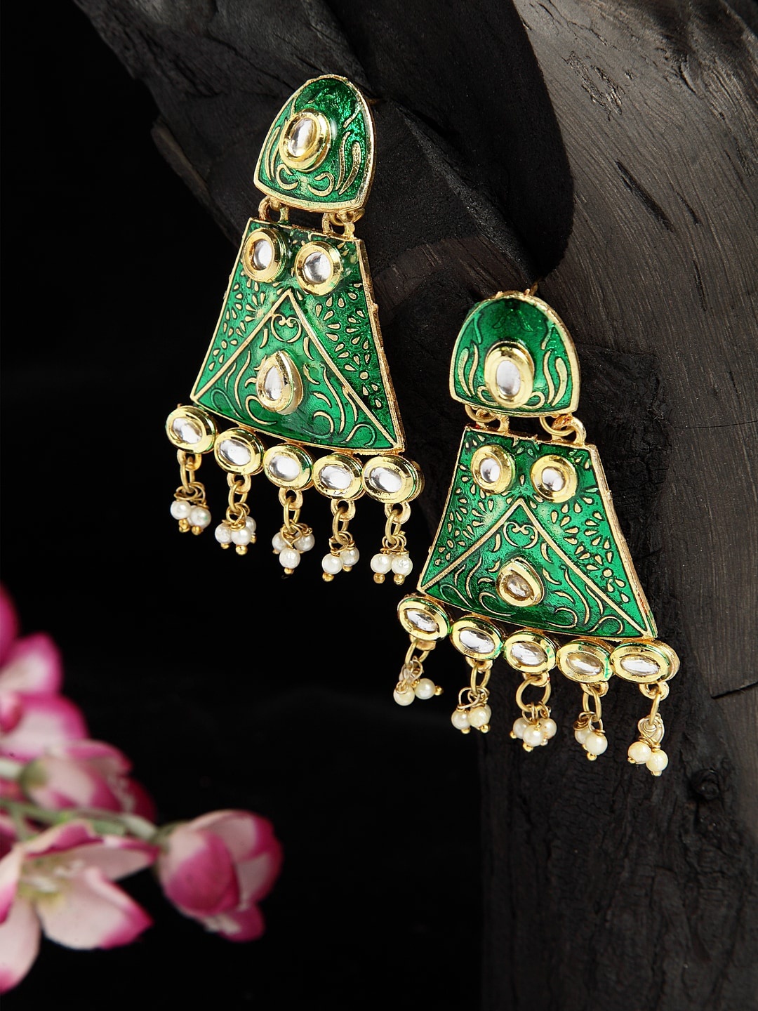 

Moedbuille Kundan Studded Handpainted Green Meenakari Design Gold Plated Handcrafted Brass Jhumkas