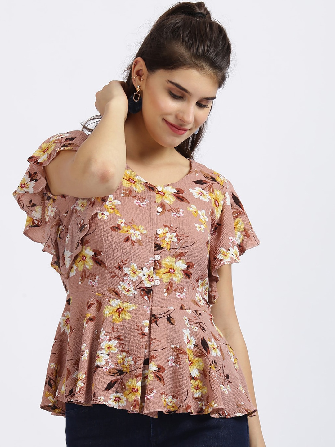 

Zink London Pink & Off White Floral Printed Flutter Sleeves Peplum Top