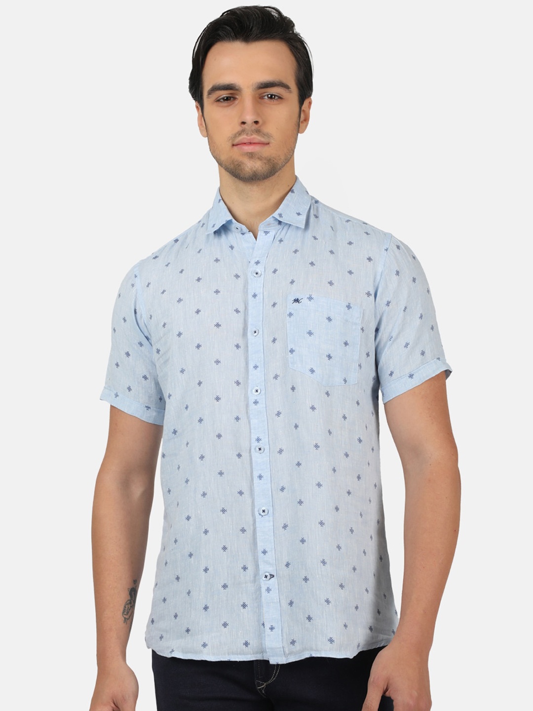 

Monte Carlo Men Blue Regular Fit Printed Linen Casual Shirt