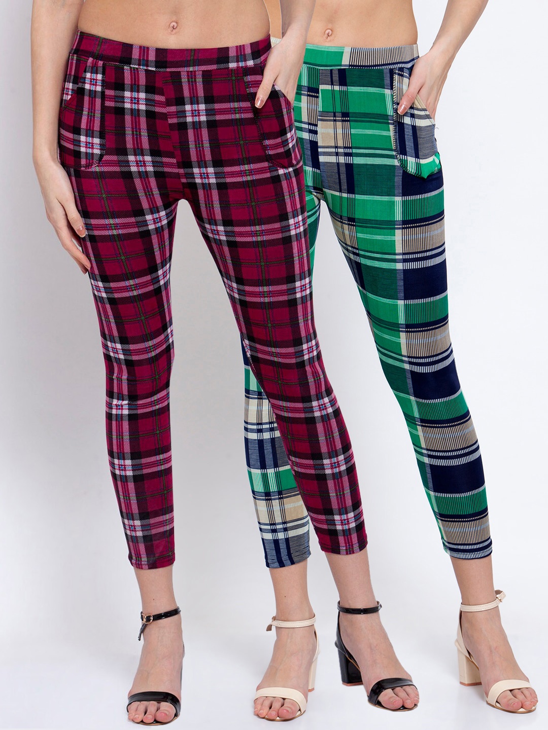 

KLOTTHE Women Pack Of 2 Checked Skinny-fit Treggings, Navy blue