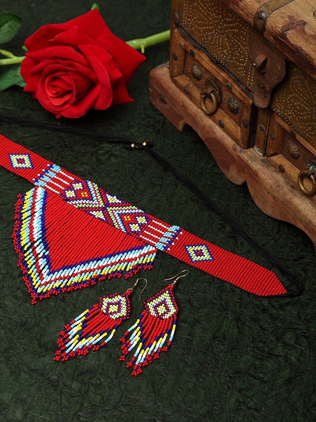 

Moedbuille Hand Woven Red & Yellow Beaded Tasselled Design Handcrafted Afghan Jewelry Set