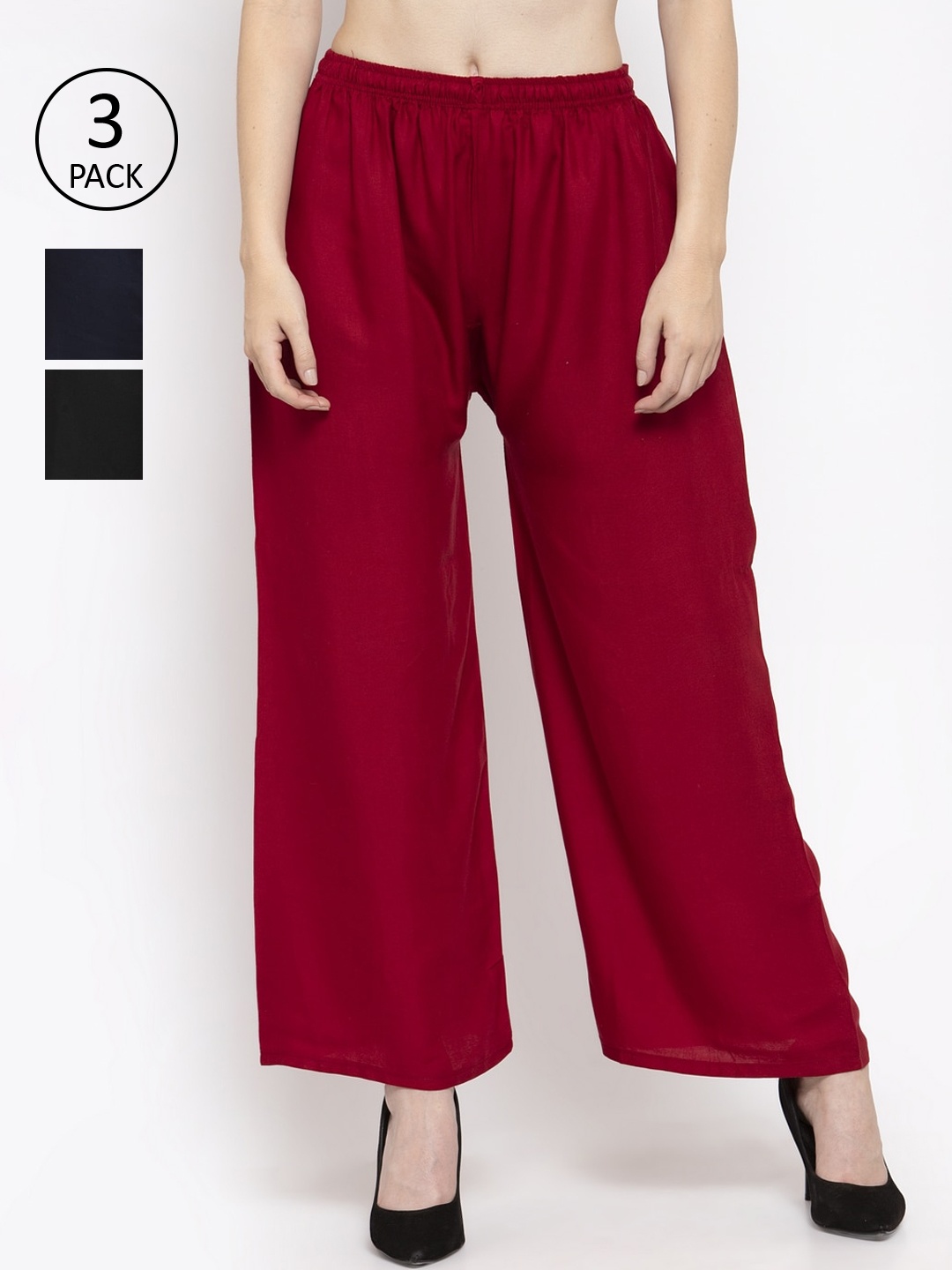Clora Creation Women Pack of 3 Red & Navy Blue Solid Wide Leg Palazzos