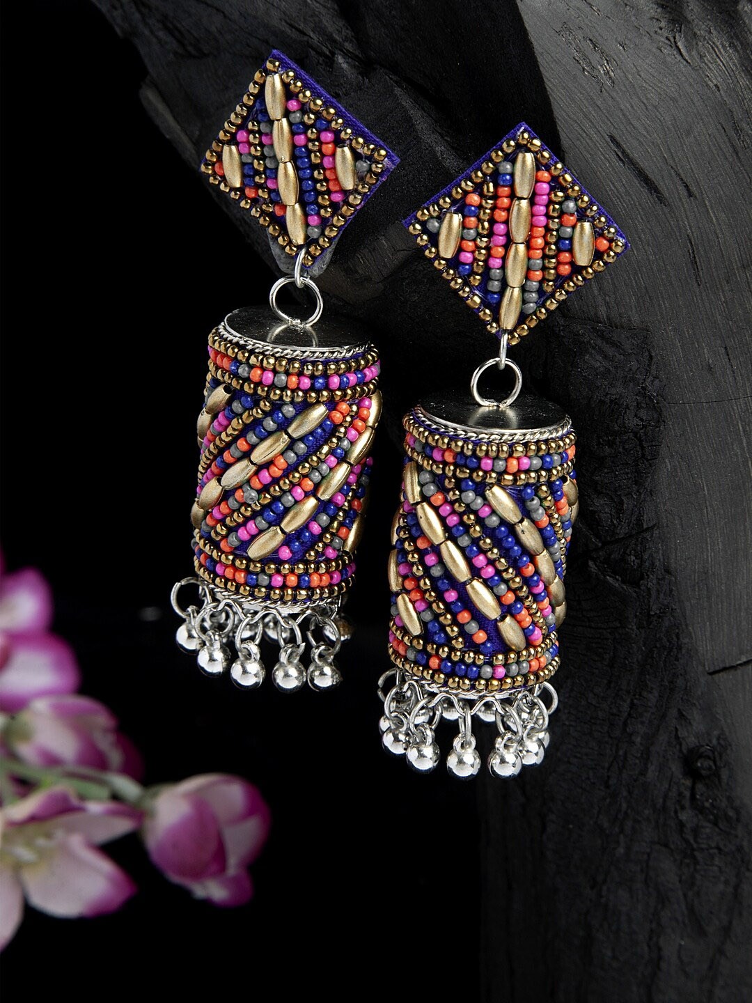 

Moedbuille Multi Color Beads Afghan Design Oxidised Silver Plated Handcrafted Jhumkas