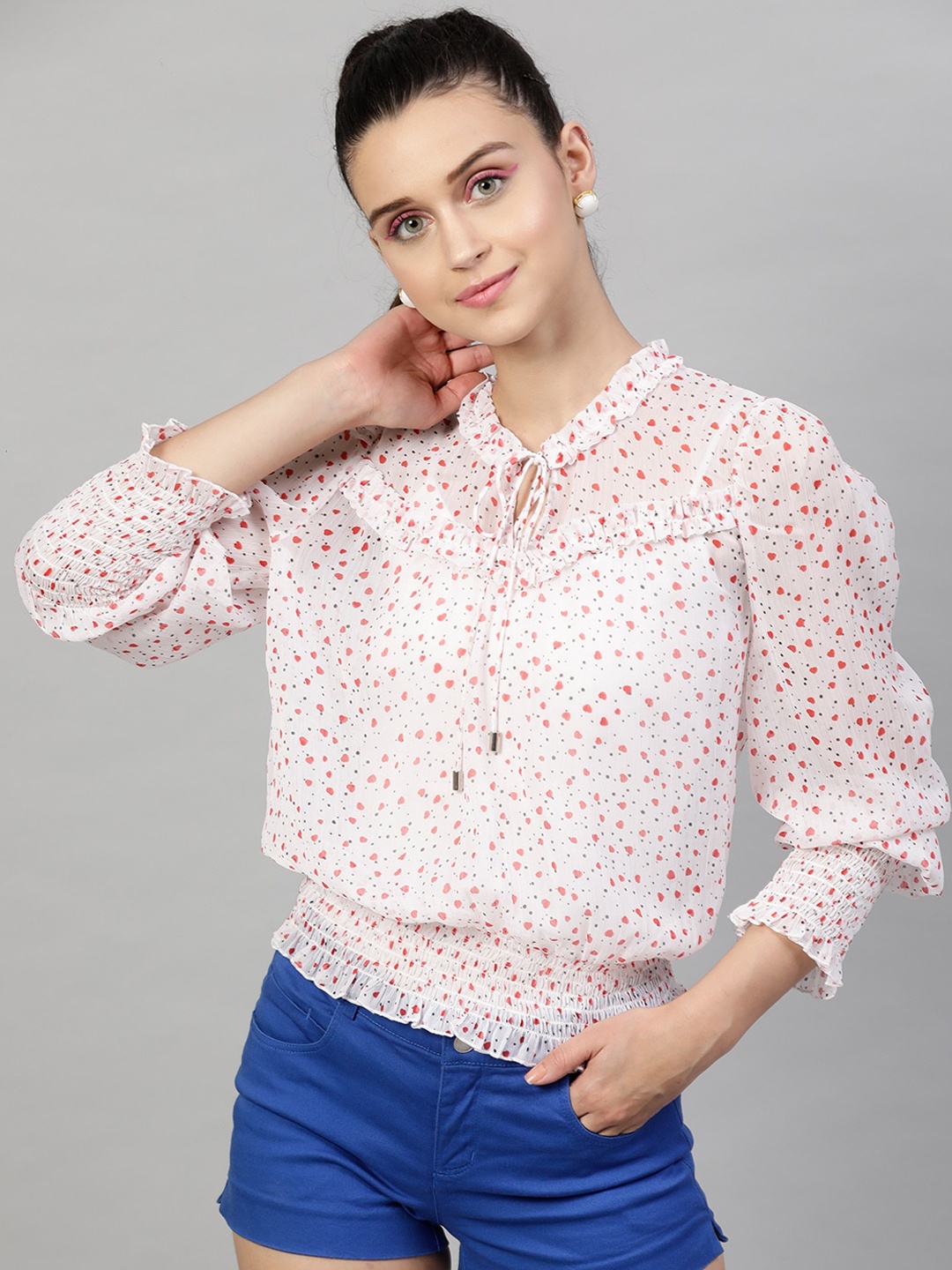 

Street 9 White & Red Printed Tie-up Neck Puff Sleeves Smocked Chiffon Blouson Top