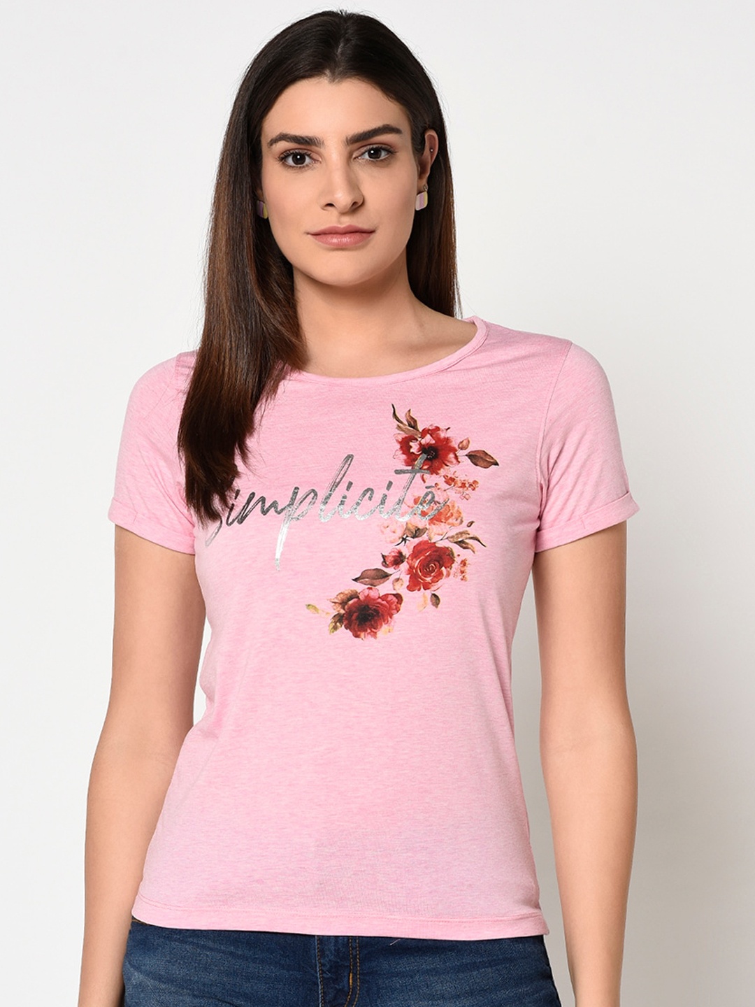 

METTLE Women Pink Printed Round Neck T-shirt
