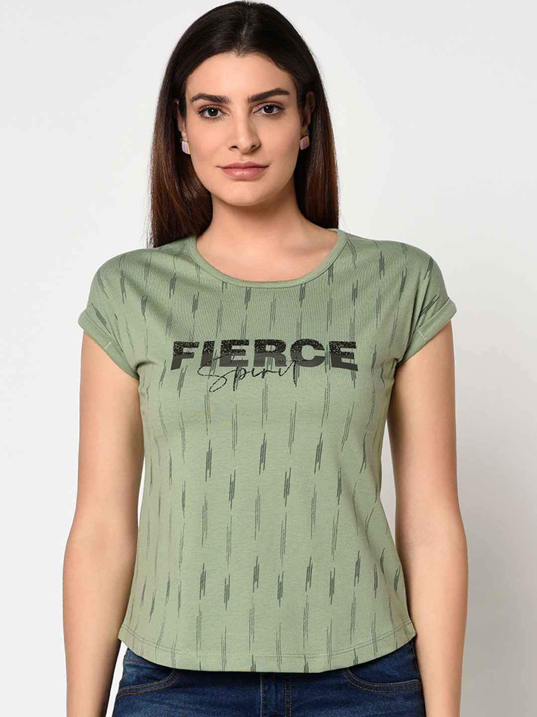 

METTLE Women Green Printed Round Neck T-shirt