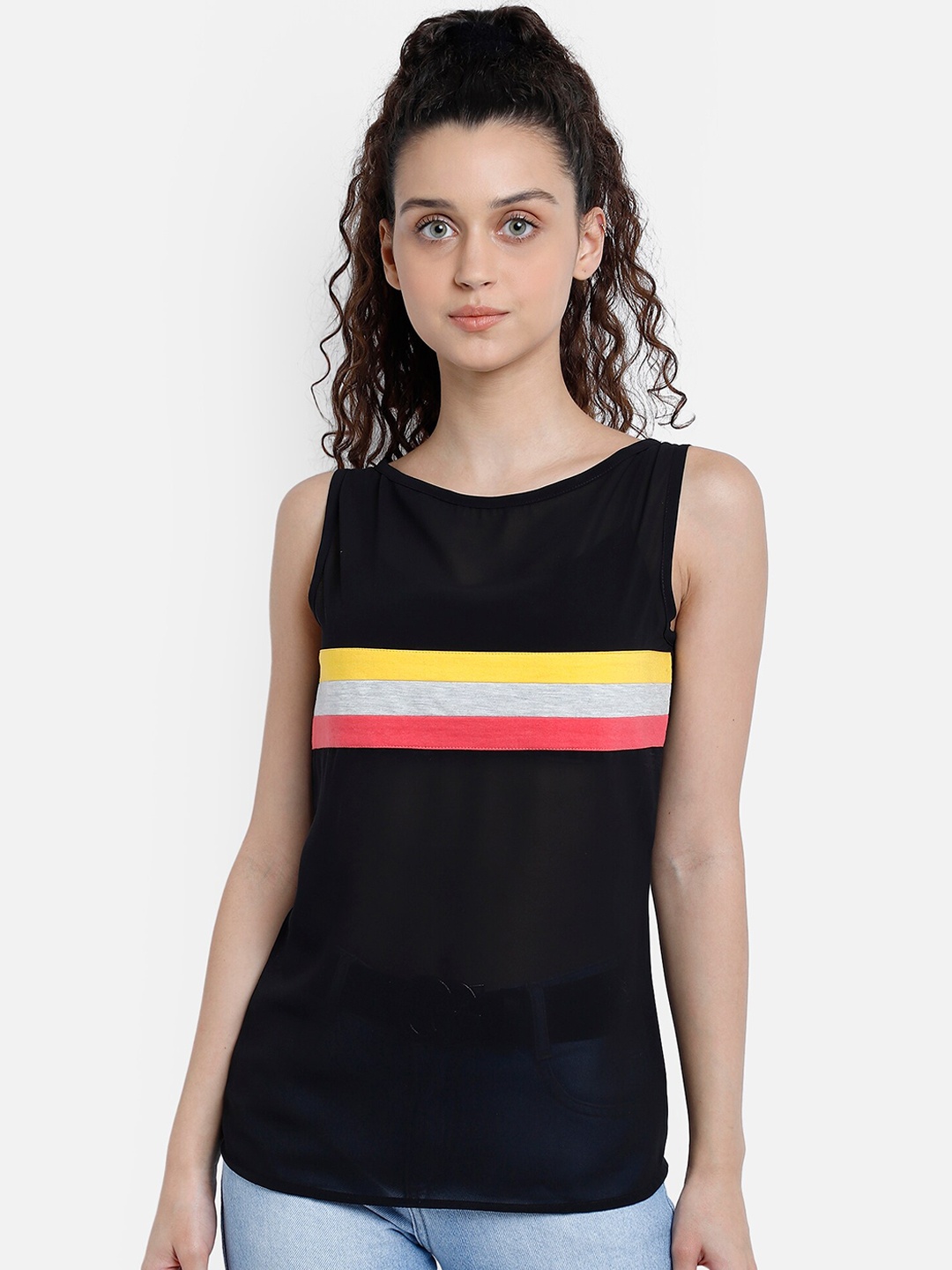 

Marzeni Black Striped Georgette Regular Top