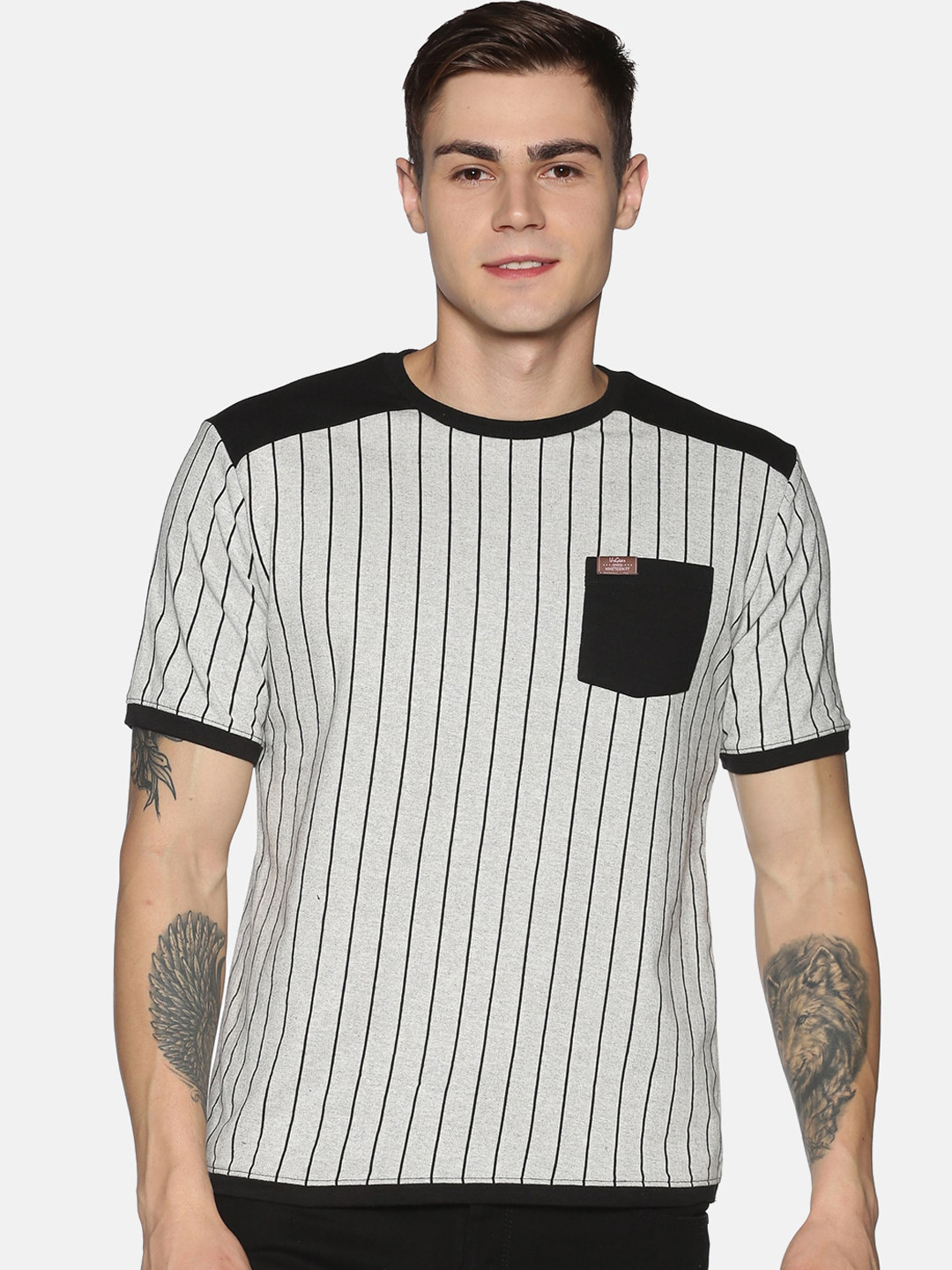 

UrGear Men Grey Melange Striped Round Neck T-shirt