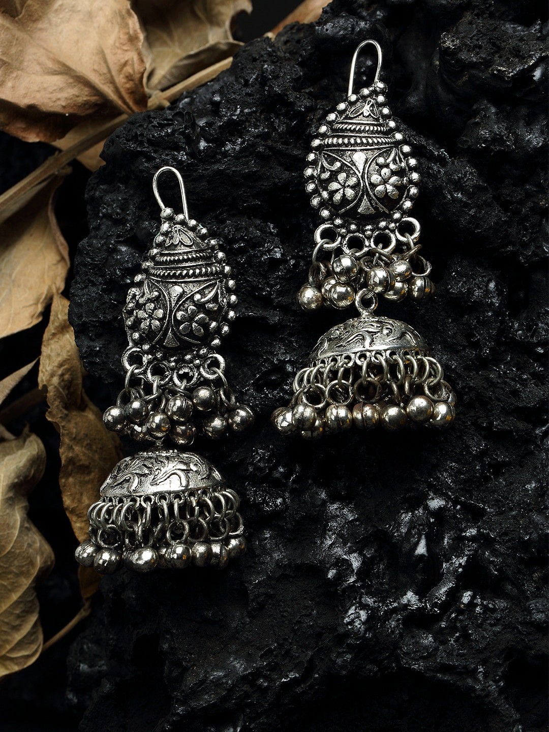 

Moedbuille Beads Studded Paisley Design Oxidised Silver Plated Handcrafted Tribal Jhumkas