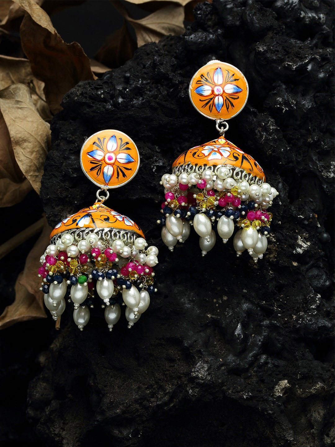 

Moedbuille Pearls and Beads Studded Handpainted Meenakari Silver Plated Handcrafted Brass Jhumkas, Orange