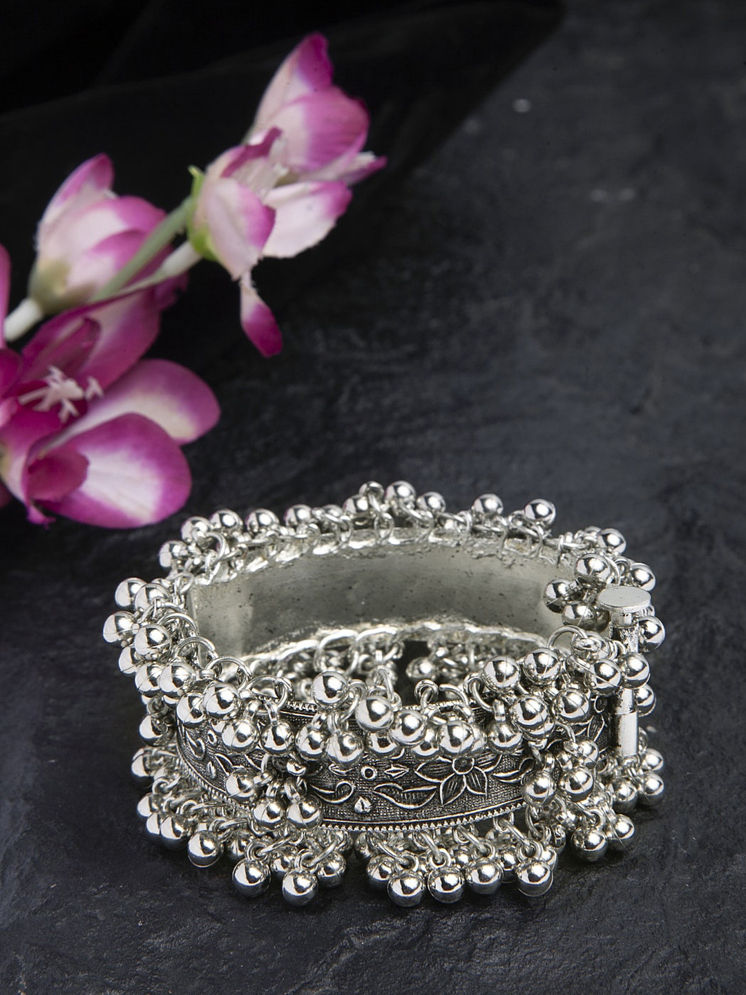 

Moedbuille Beads Studded Floral Design Oxidised Silver Plated Handcrafted Tribal Bracelet