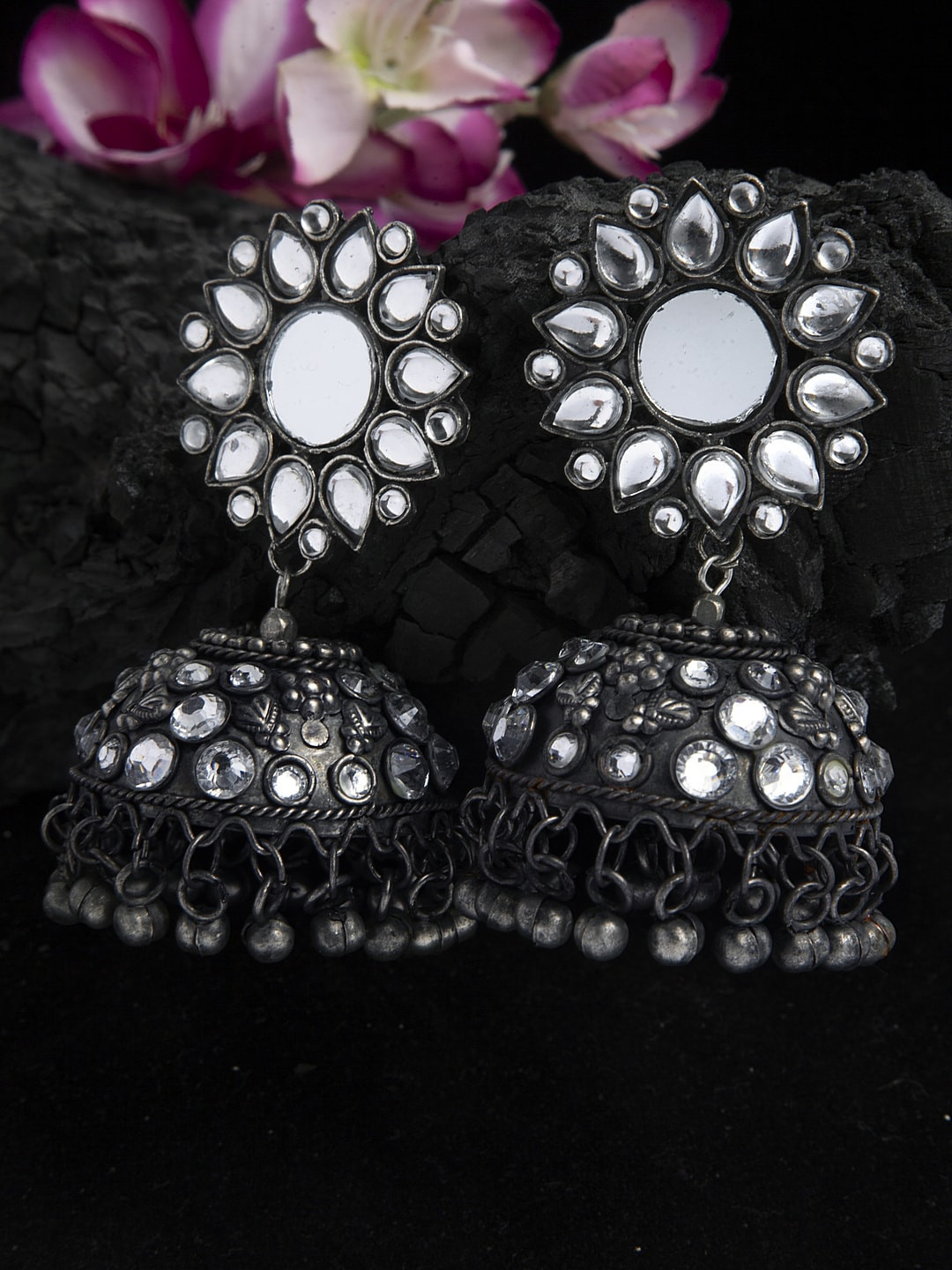 

Moedbuille Mirror and Stones Studded Tribal Design Oxidised Silver Plated Handcrafted Jhumkas, Metallic