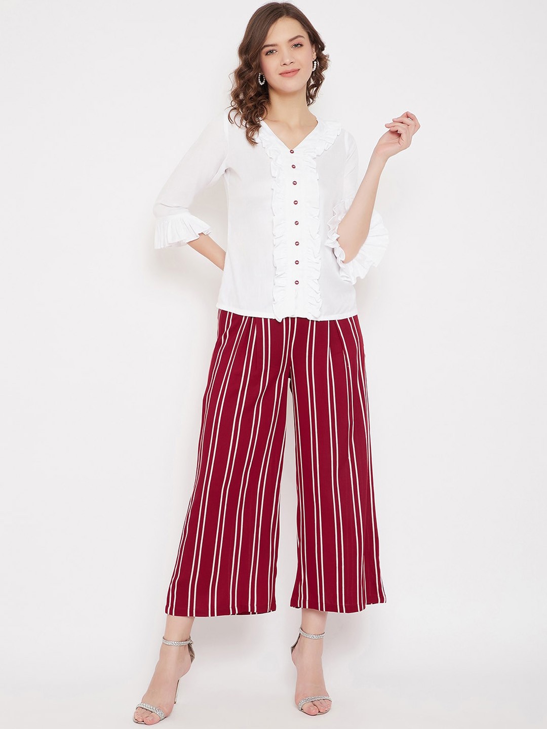 

Bitterlime Women White & Maroon Solid Top with Palazzos