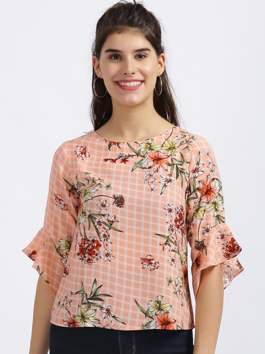 

Zink London Peach-coloured Floral Printed Bell Sleeves Regular Top