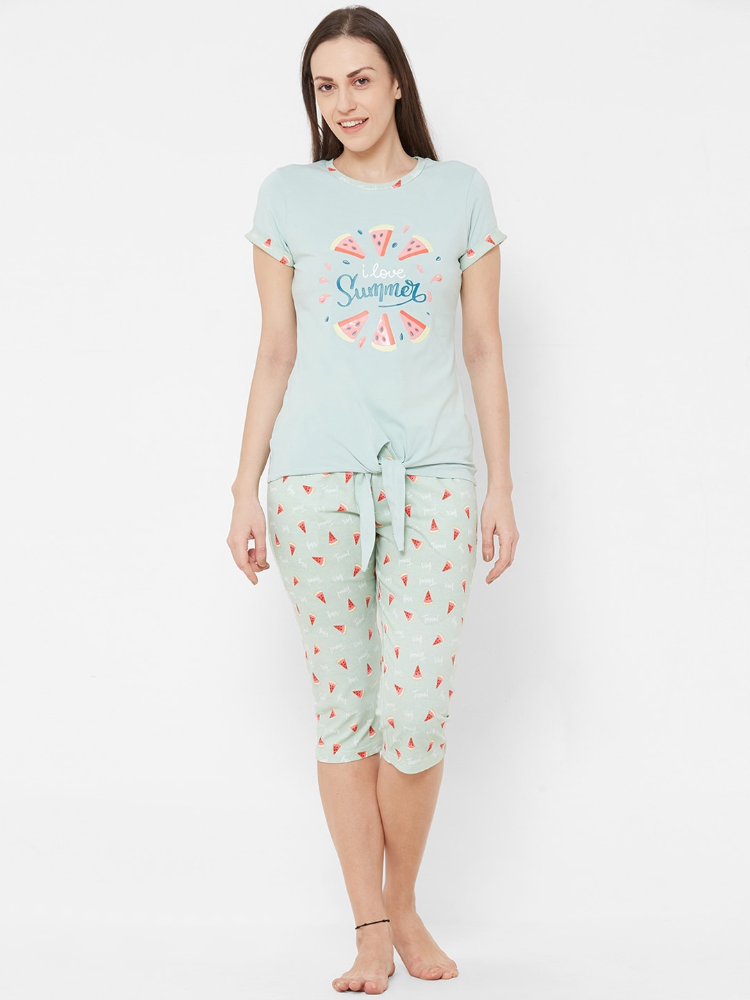 

Sweet Dreams Women Sea Green & Pink Printed Night suit