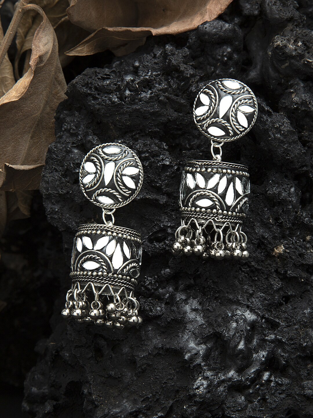 

Moedbuille Mirrors Studded Afghan Design Oxidised Silver Plated Handcrafted Jhumkas