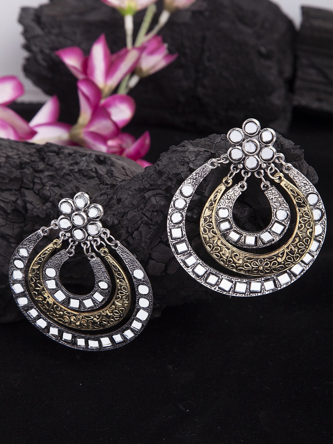 

Moedbuille Mirrors and Stones Studded Layered Design Oxidised Gold Plated Handcrafted Chandbalis