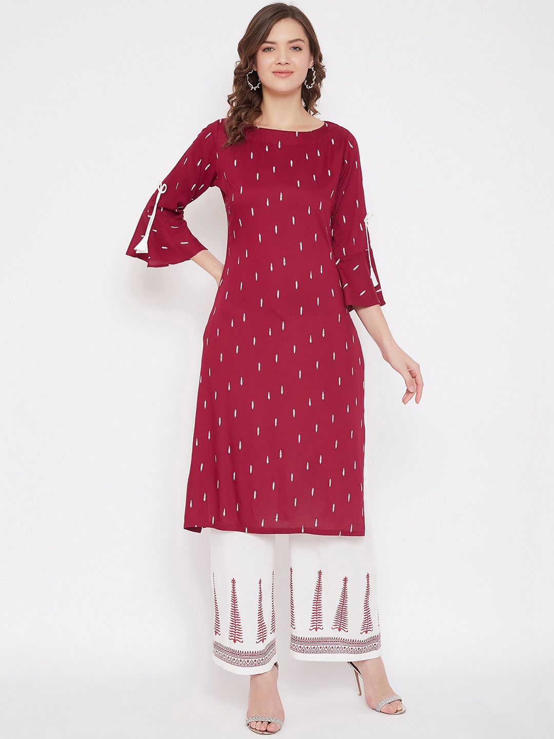 

Bitterlime Women Red & White Printed Kurta with Block Print Palazzos