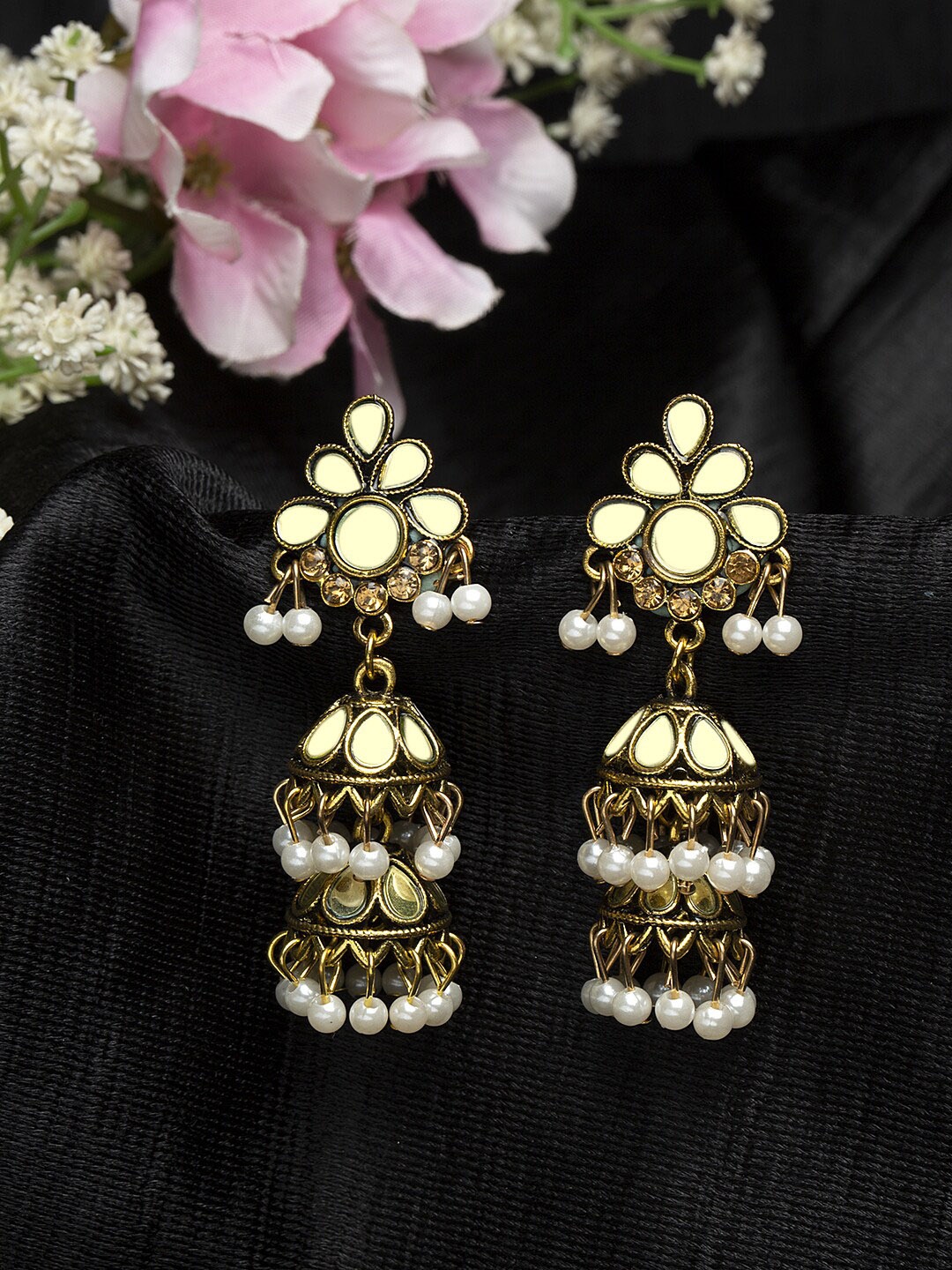 

Moedbuille Mirror Studded Oxidised Gold Plated Handcrafted Layered Design Jhumkas