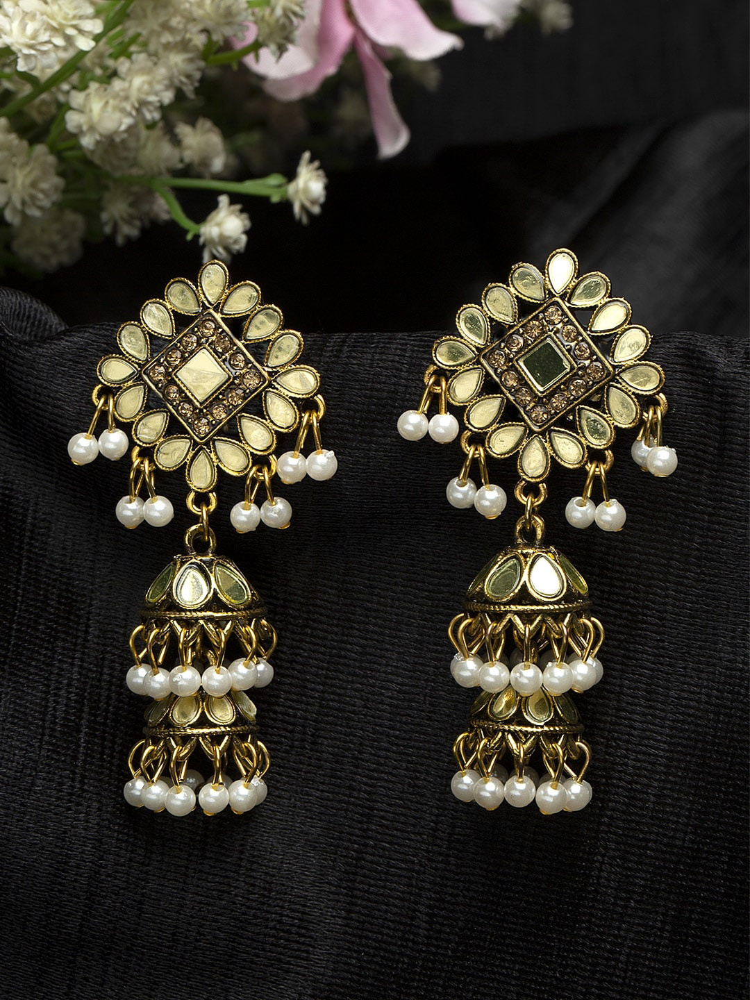 

Moedbuille Mirror Studded Oxidised Gold Plated Handcrafted Layered Design Jhumkas