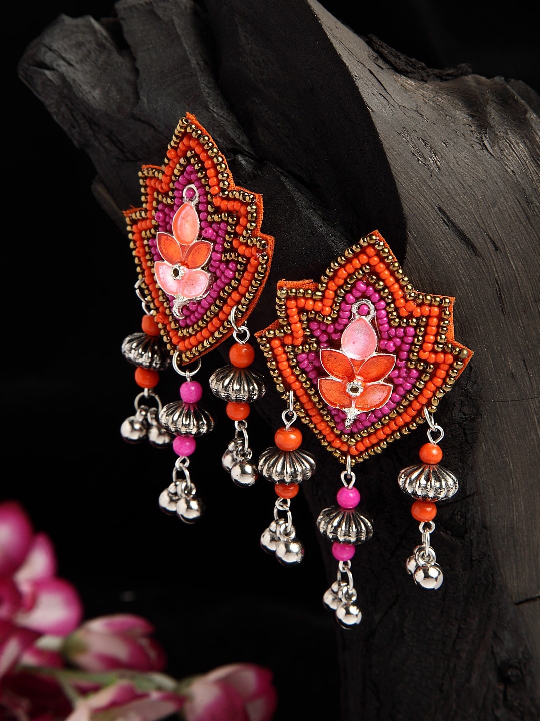 

Moedbuille Pink & Orange Beads Studded Oxidised Silver Plated Handcrafted Tasselled Earrings