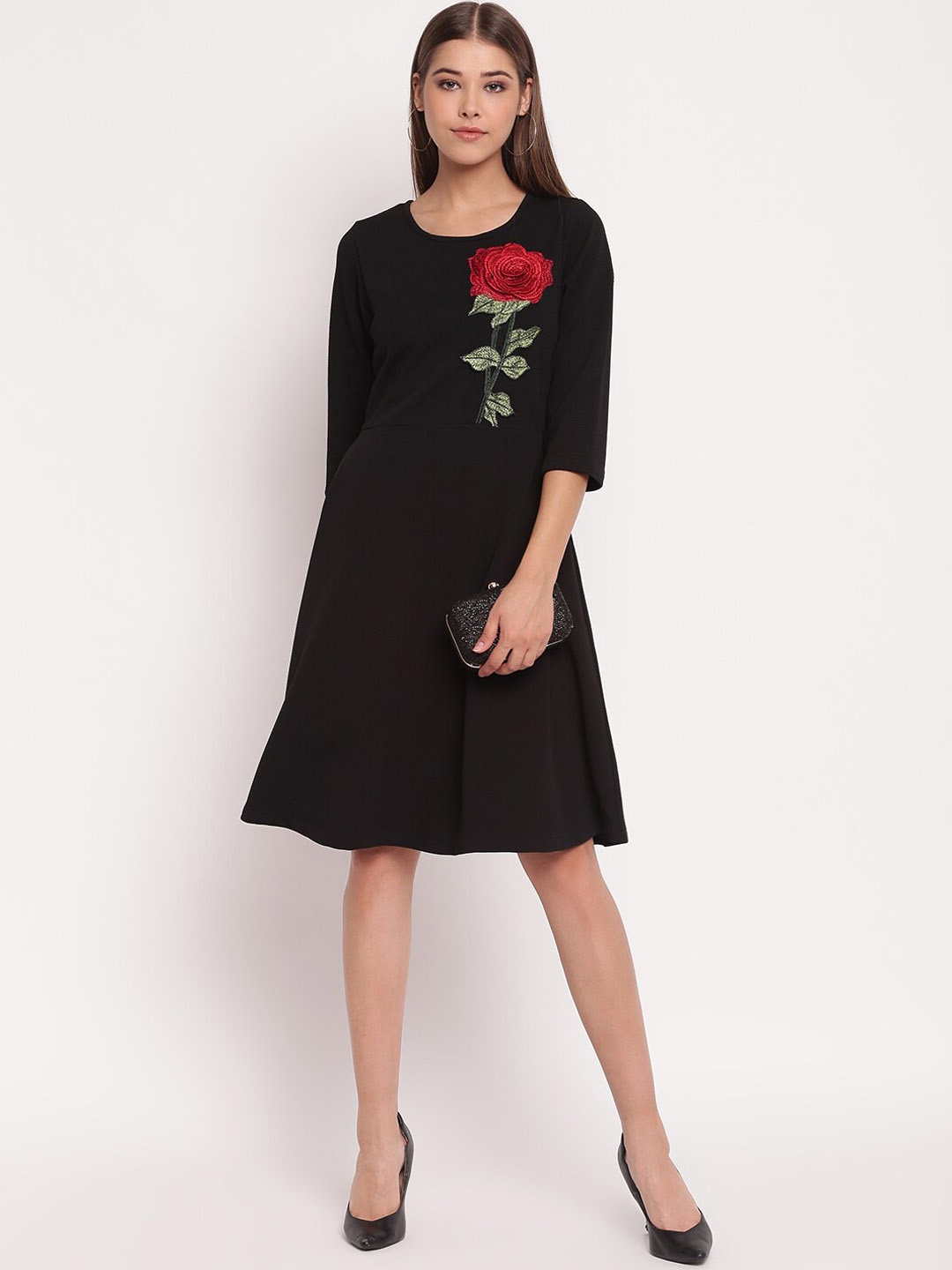 

AKIMIA Women Black Solid Fit and Flare Dress