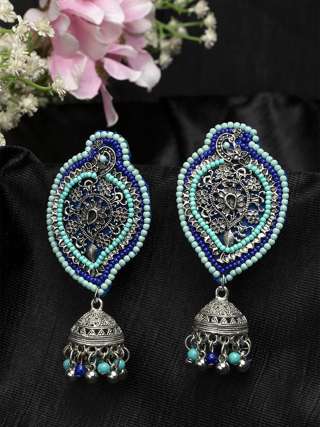 

Moedbuille Turquoise Blue Beads Studded Oxidised Silver Plated Handcrafted Afghan Design Jhumkas