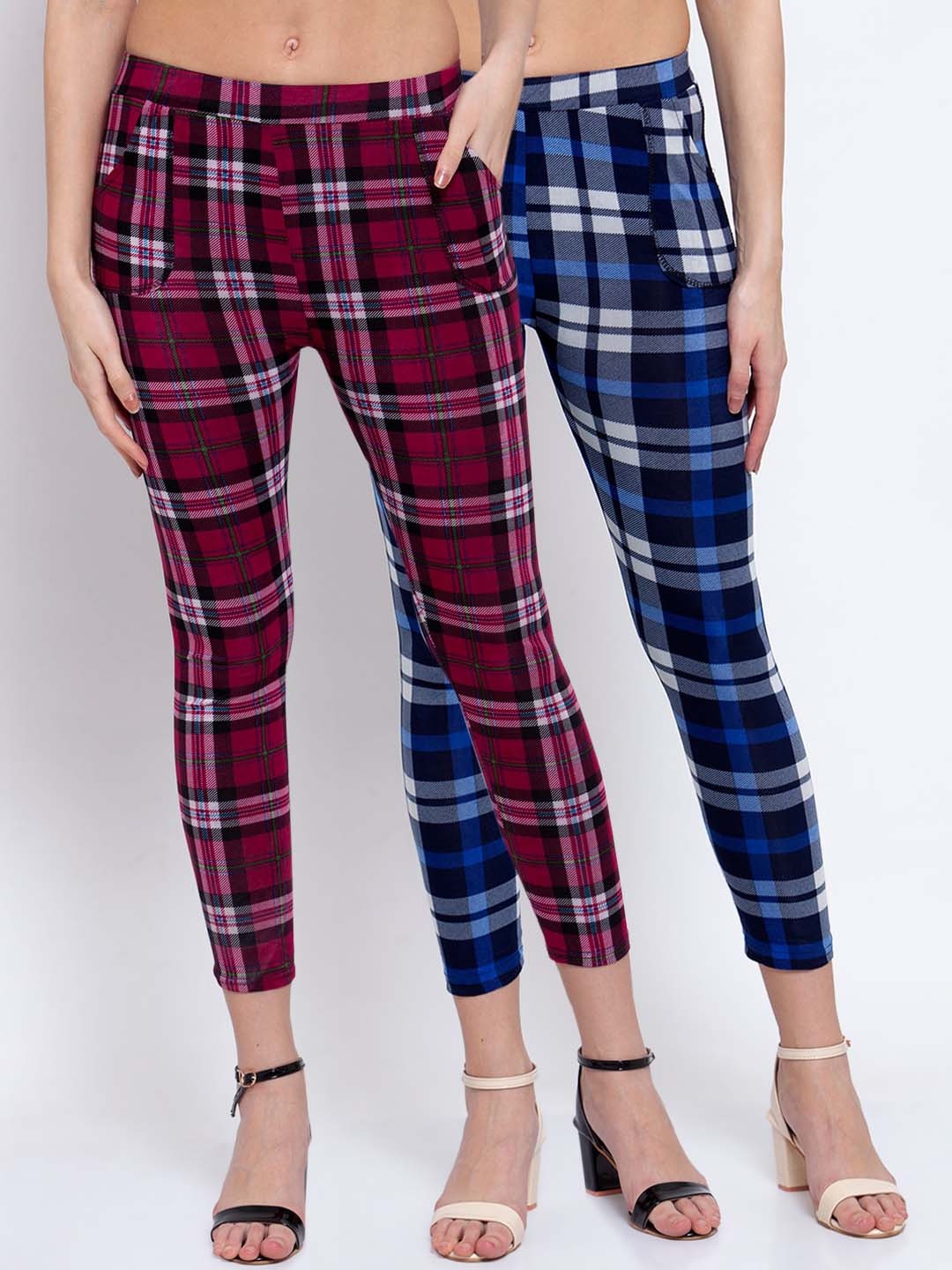 

KLOTTHE Women Pack Of 2 Multicoloured Checked Skinny Fit Treggings, Multi