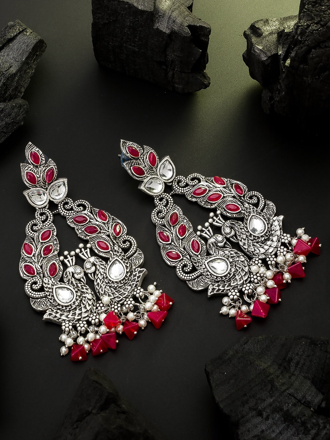 

aadita Red Silver-Plated Oxidised Contemporary Jhumkas