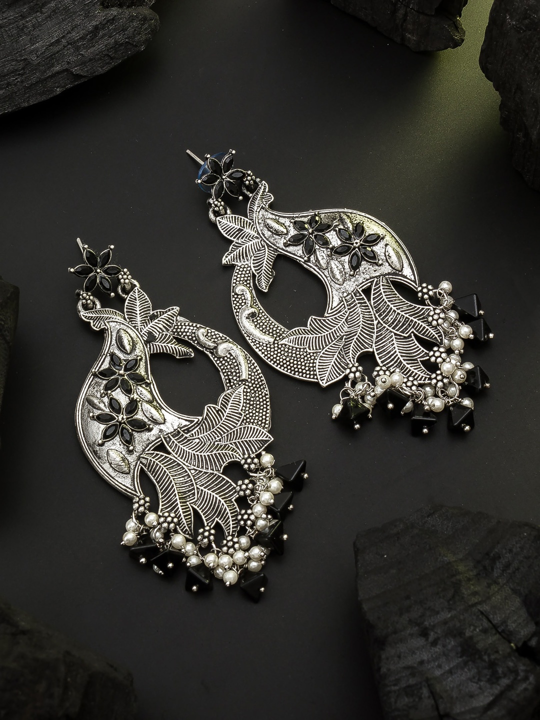 

aadita Silver-Toned Peacock Shaped Drop Earrings