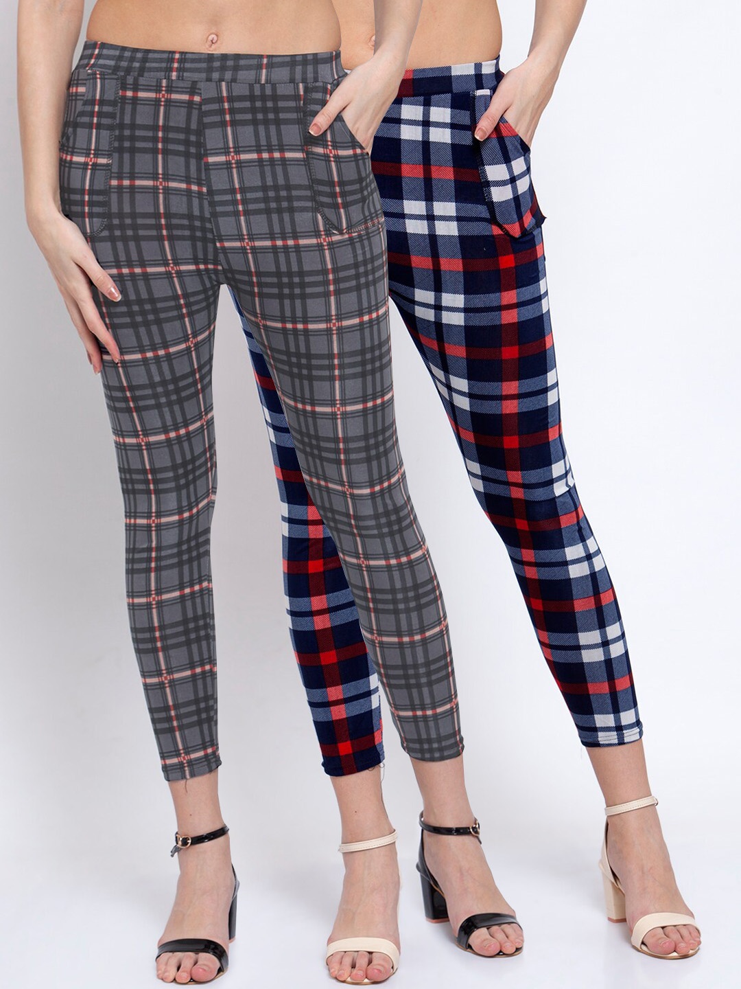 

KLOTTHE Women Pack Of 2 Checked Skinny-Fit Treggings, Navy blue