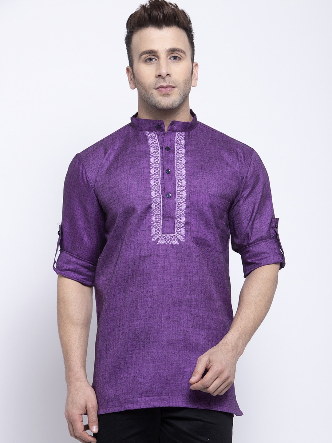 

KLOTTHE Floral Yoke Design Mandarin Collar Roll Up Sleeves Thread Work Cotton Kurta, Purple