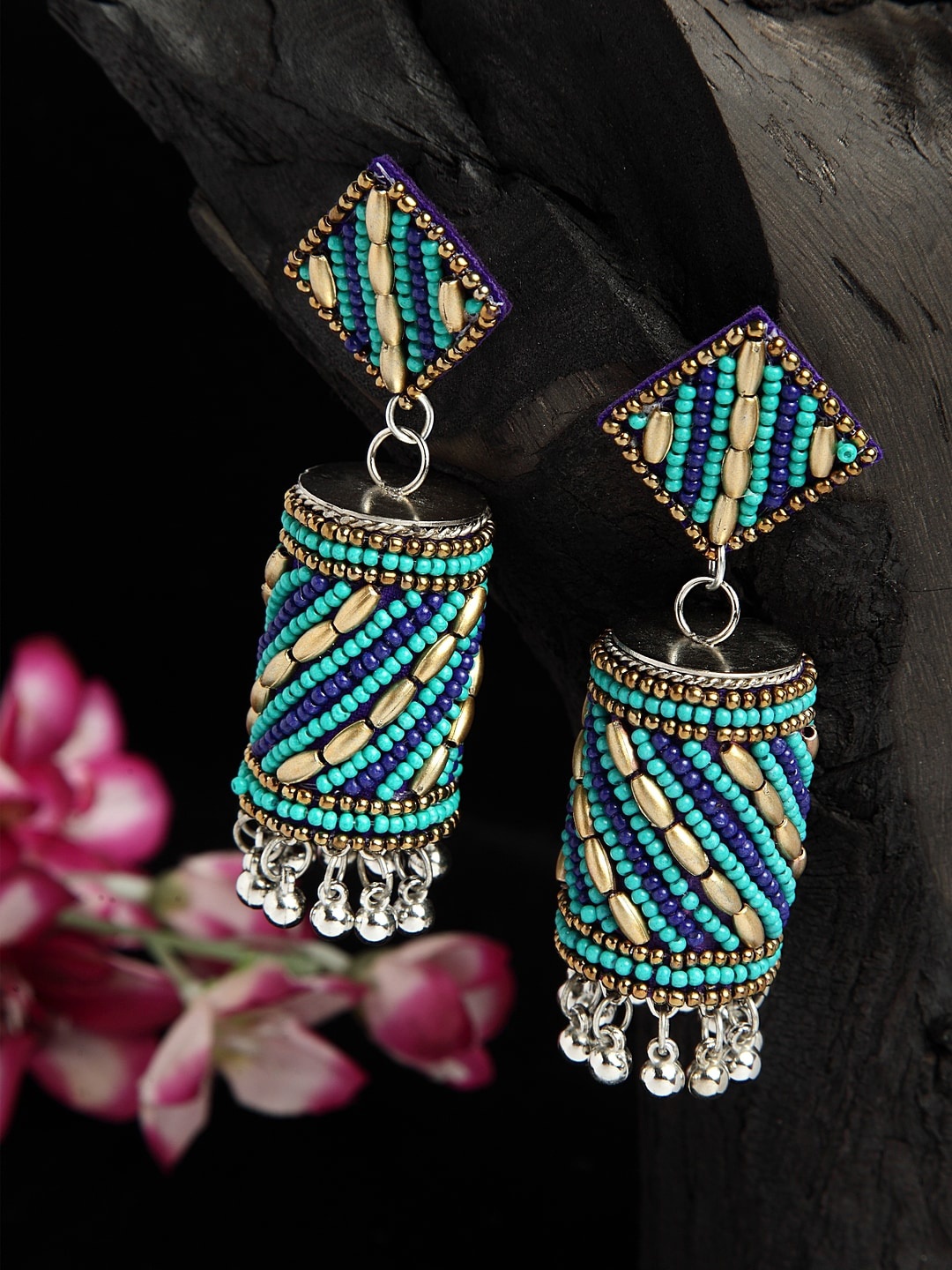 

Moedbuille Turquoise Blue Beads Afghan Design Oxidised Silver Plated Handcrafted Jhumkas