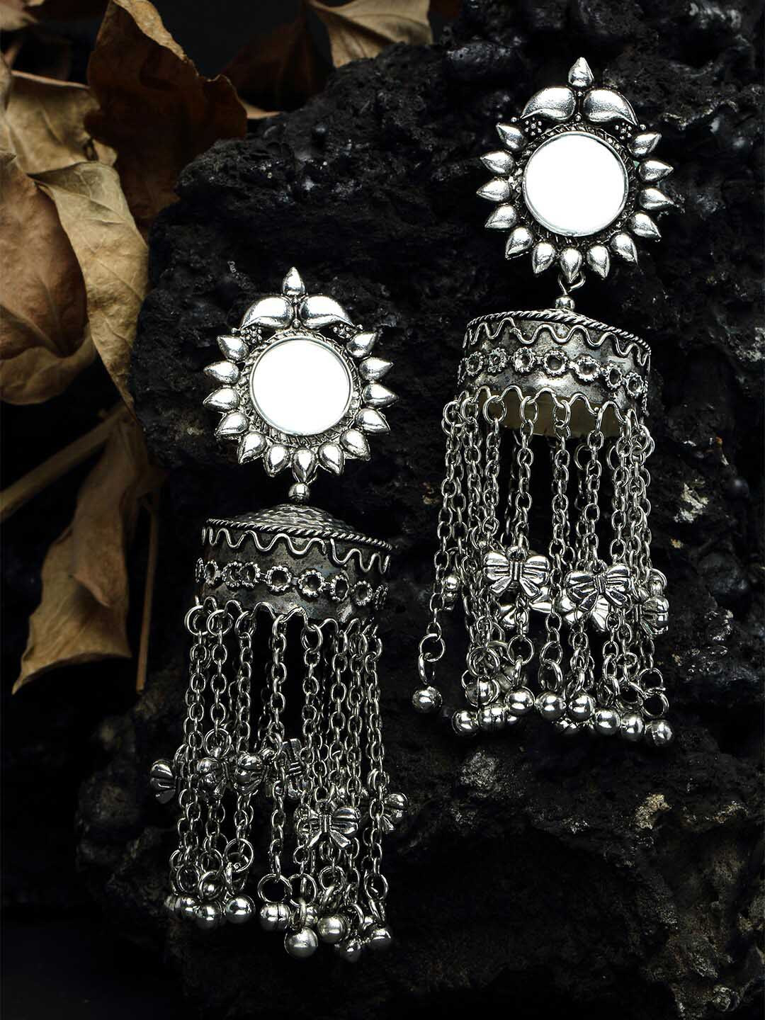 

Moedbuille Mirror Studded Floral Design Oxidised Silver Plated Handcrafted Tasselled Jhumkas