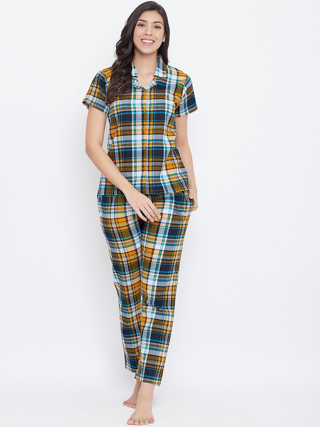 

Clovia Women Navy Blue & Yellow Checked Night Suit