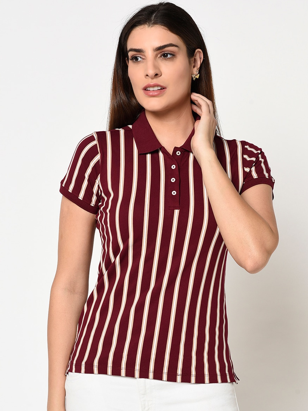 

METTLE Women Maroon Striped Polo Collar T-shirt